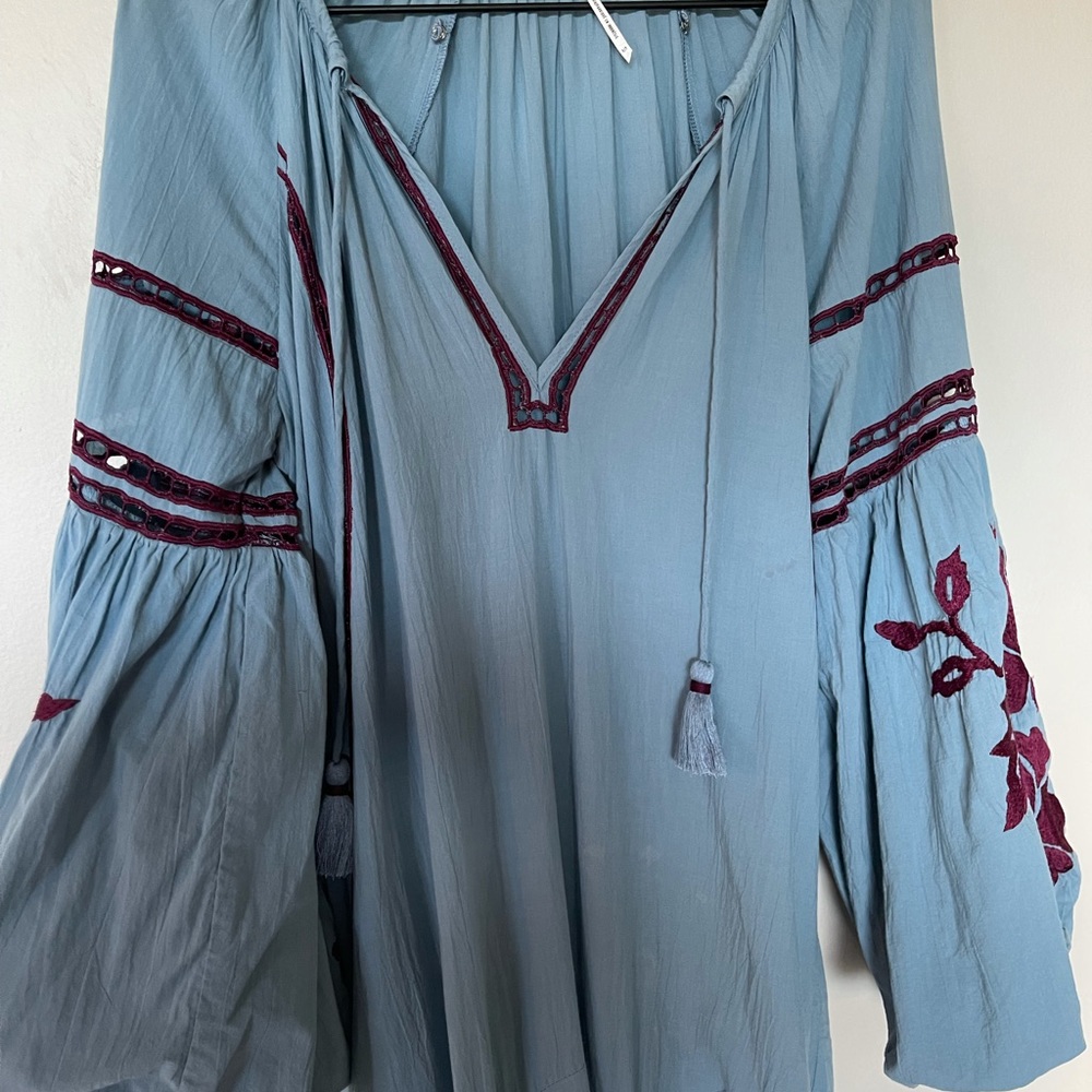 Free People Light Blue Maxi Dress with Burgundy Embroidery - Picture 3 of 17